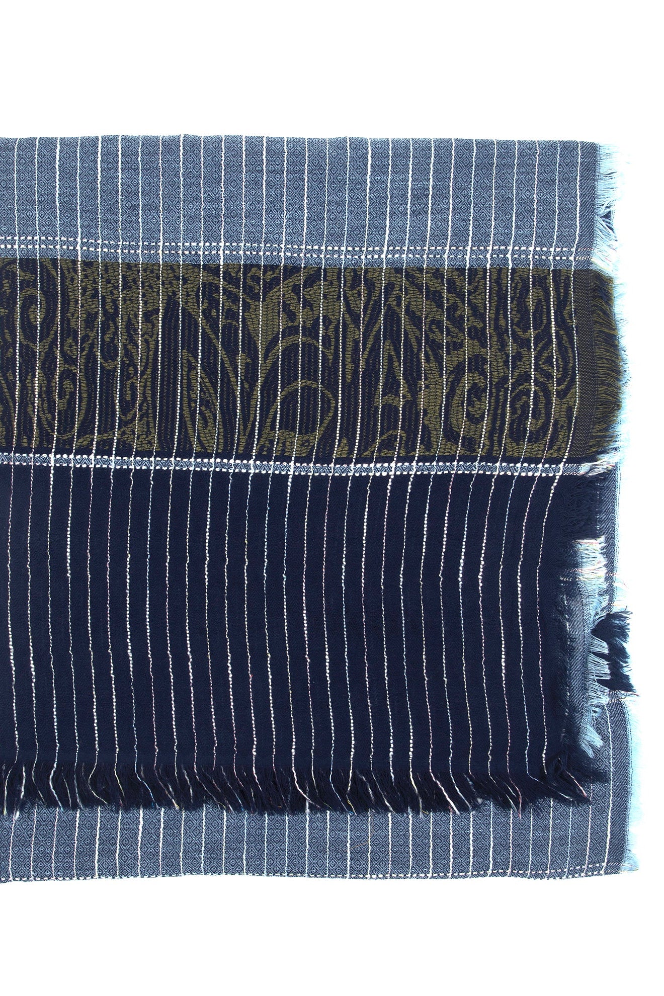 Black and white striped fabric with a patterned section on a white background