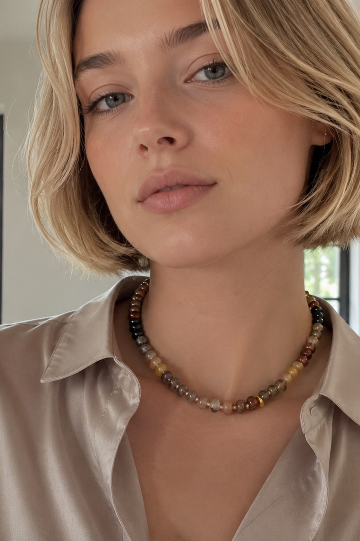 Woman wearing a beige shirt and a beaded necklace indoors