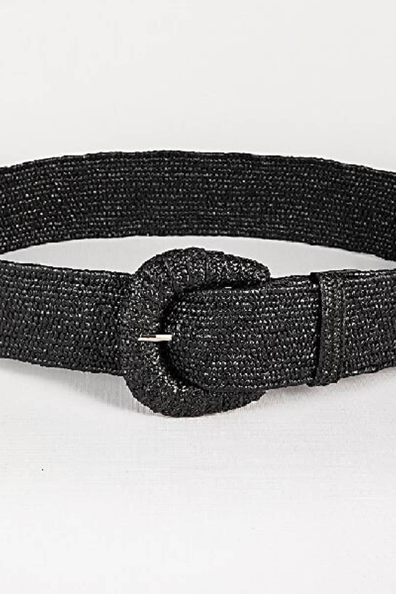 Black woven belt with a buckle on a white background