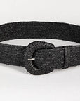 Black woven belt with a buckle on a white background