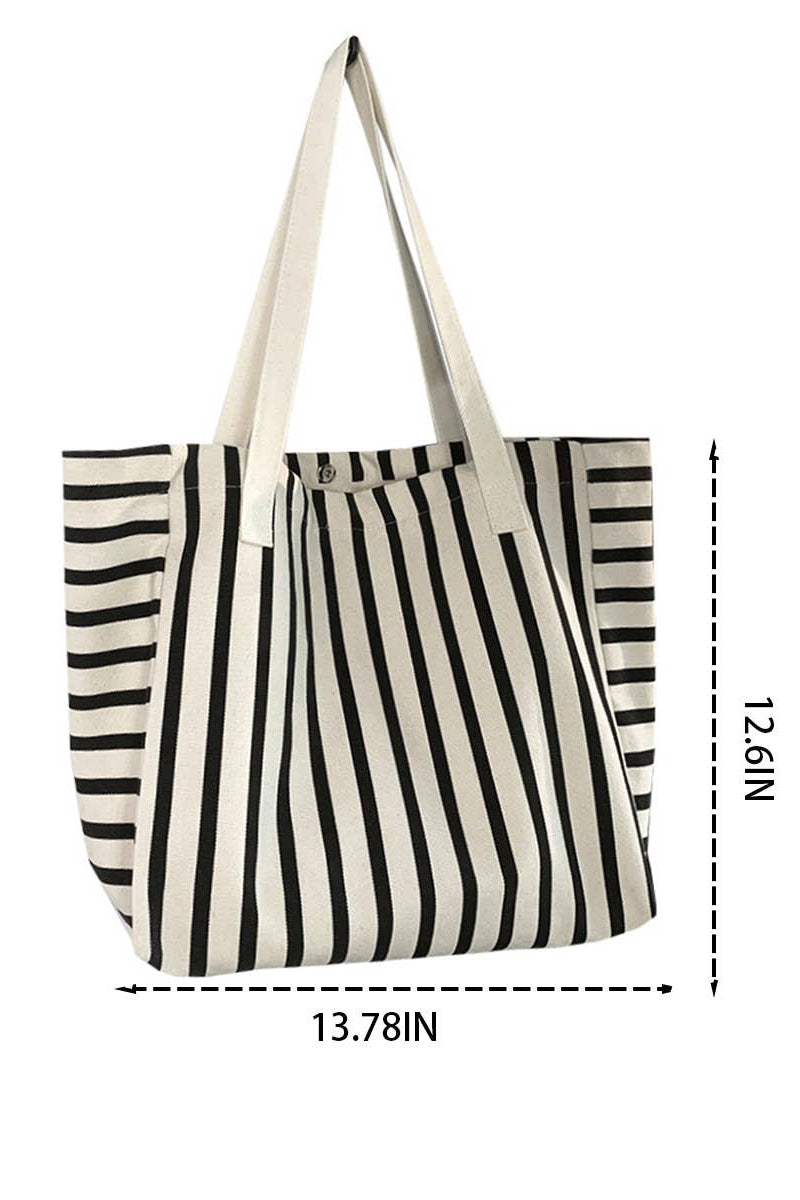 Black and white striped tote bag with measurements on a white background