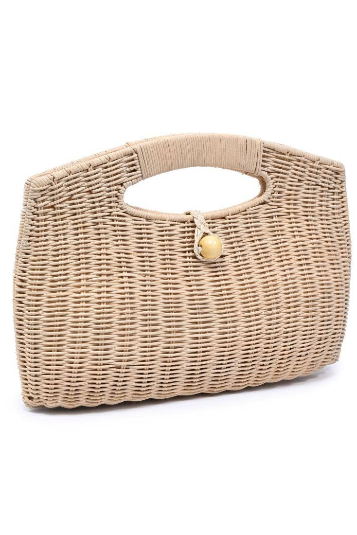 Beige woven handbag with a gold clasp on a white background