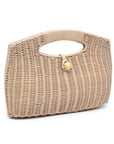 Beige woven handbag with a gold clasp on a white background