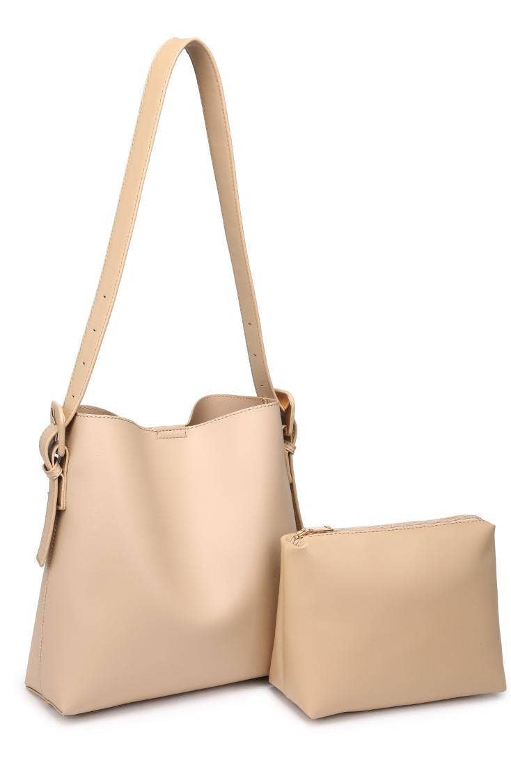 Beige handbag with matching pouch on a white background