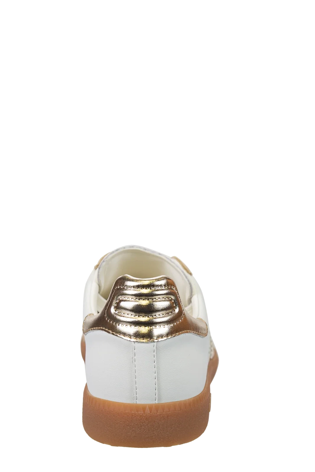White sneaker with gold accents on a white background