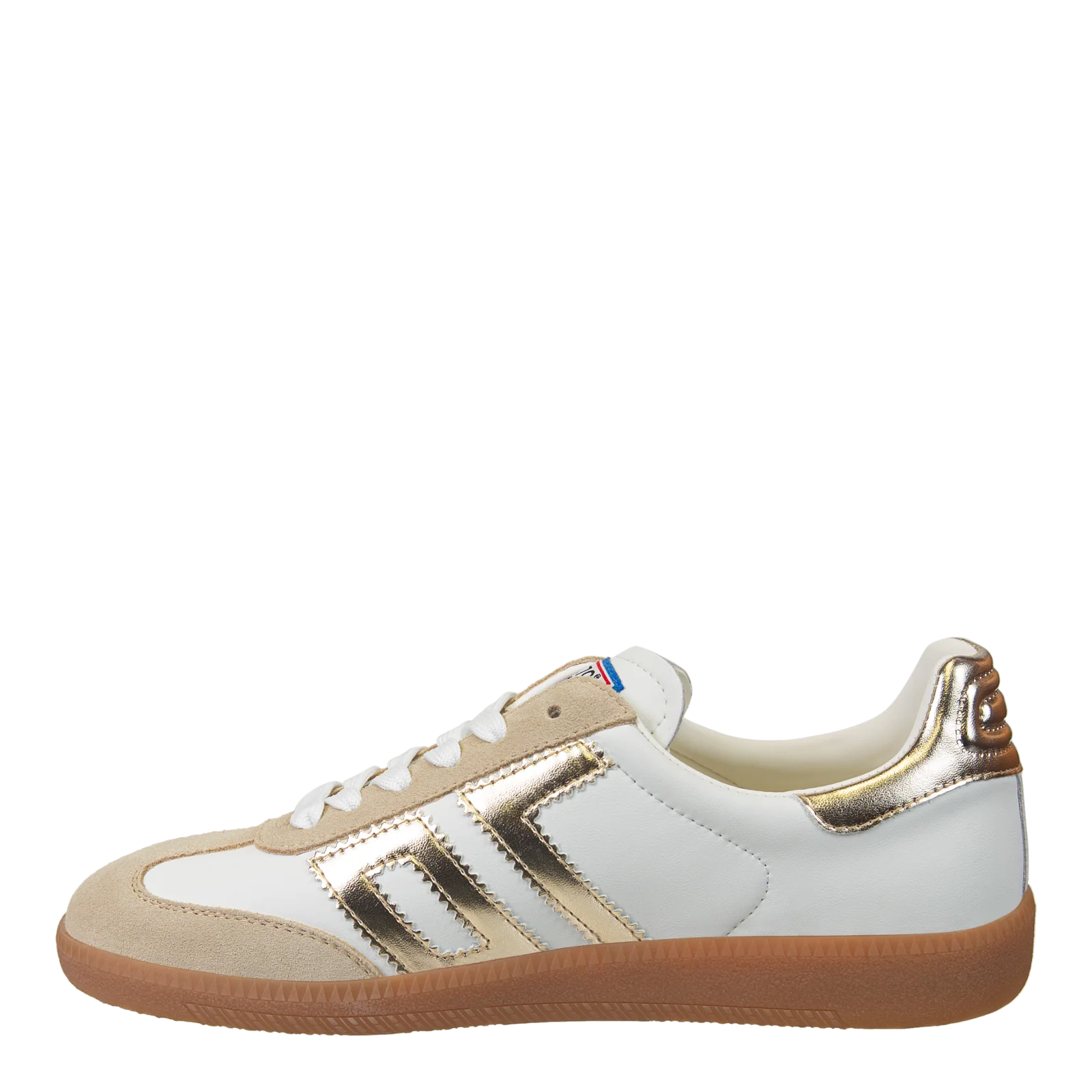 White and beige sneaker with brown sole on a white background