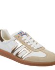 White and beige sneaker with a visible brand logo on a white background