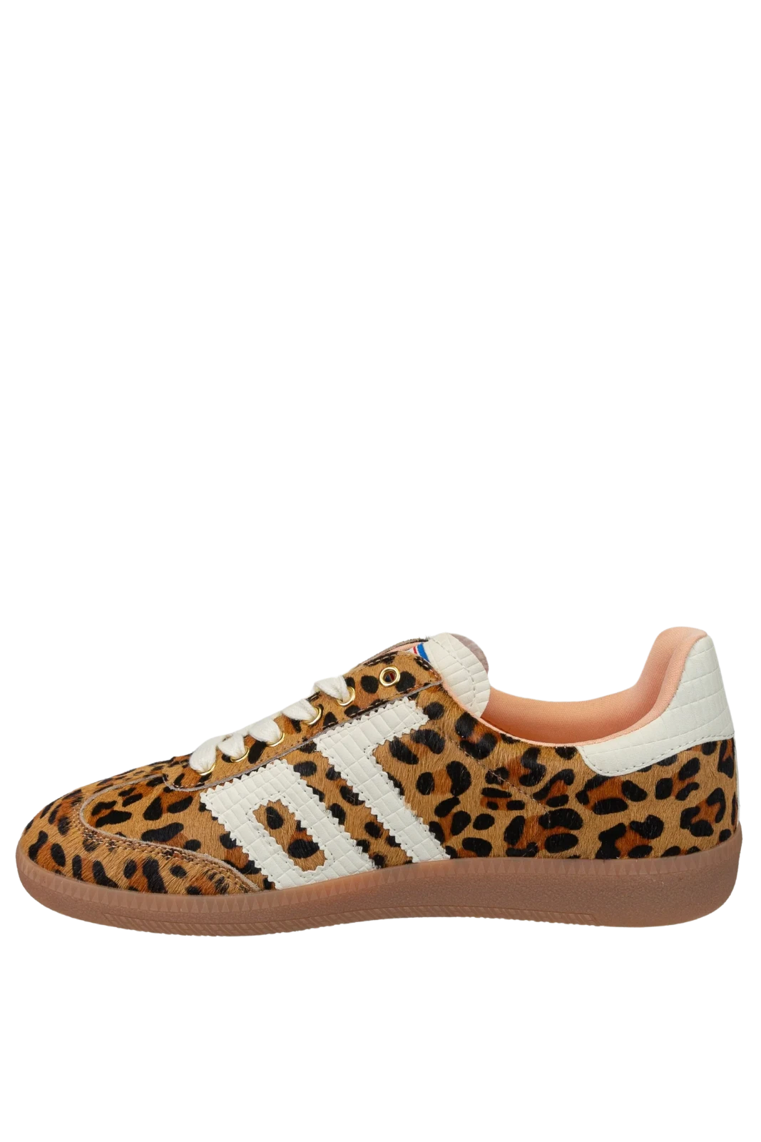 Leopard print sneaker with white stripes on a white background