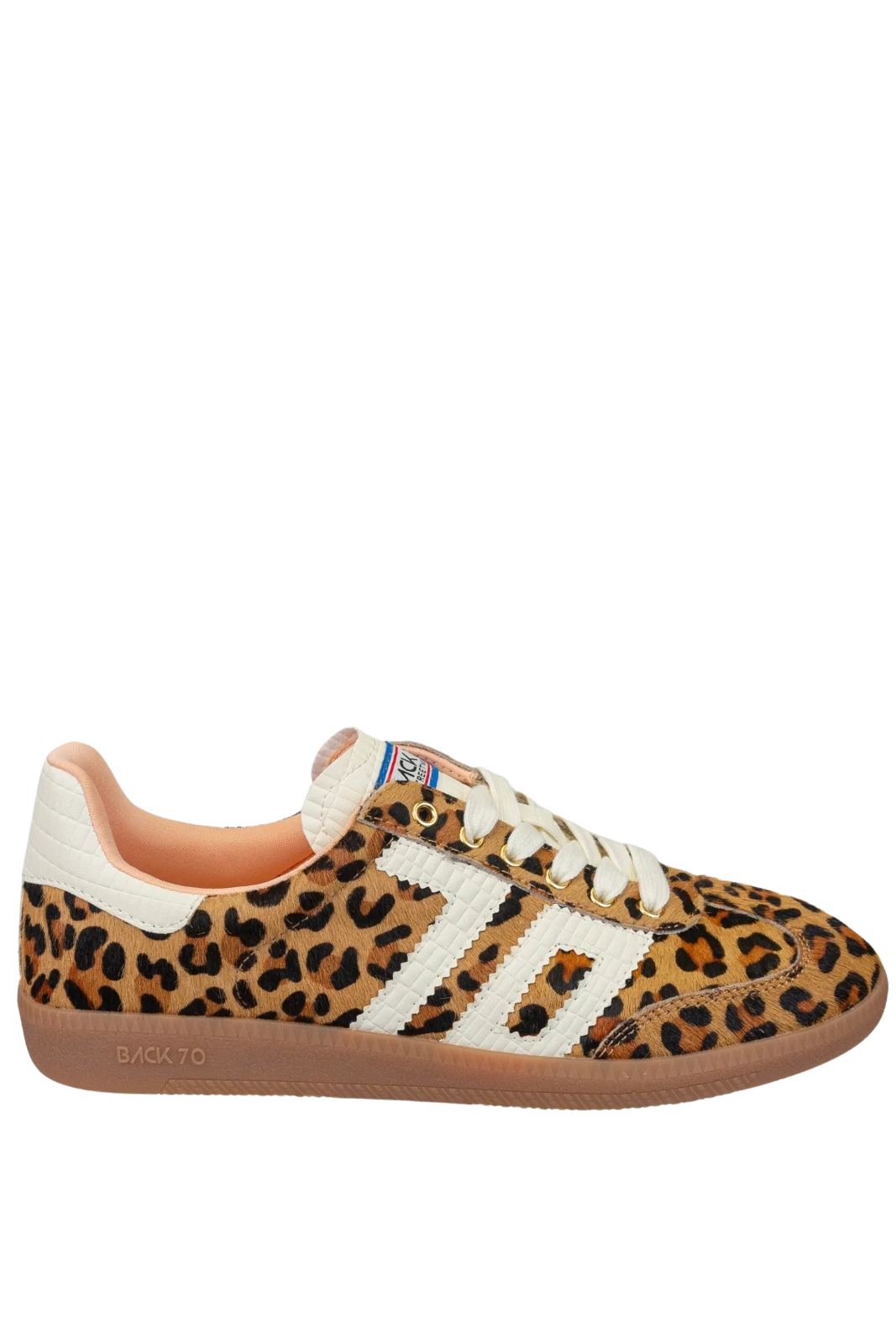Leopard print sneaker with white accents on a transparent background