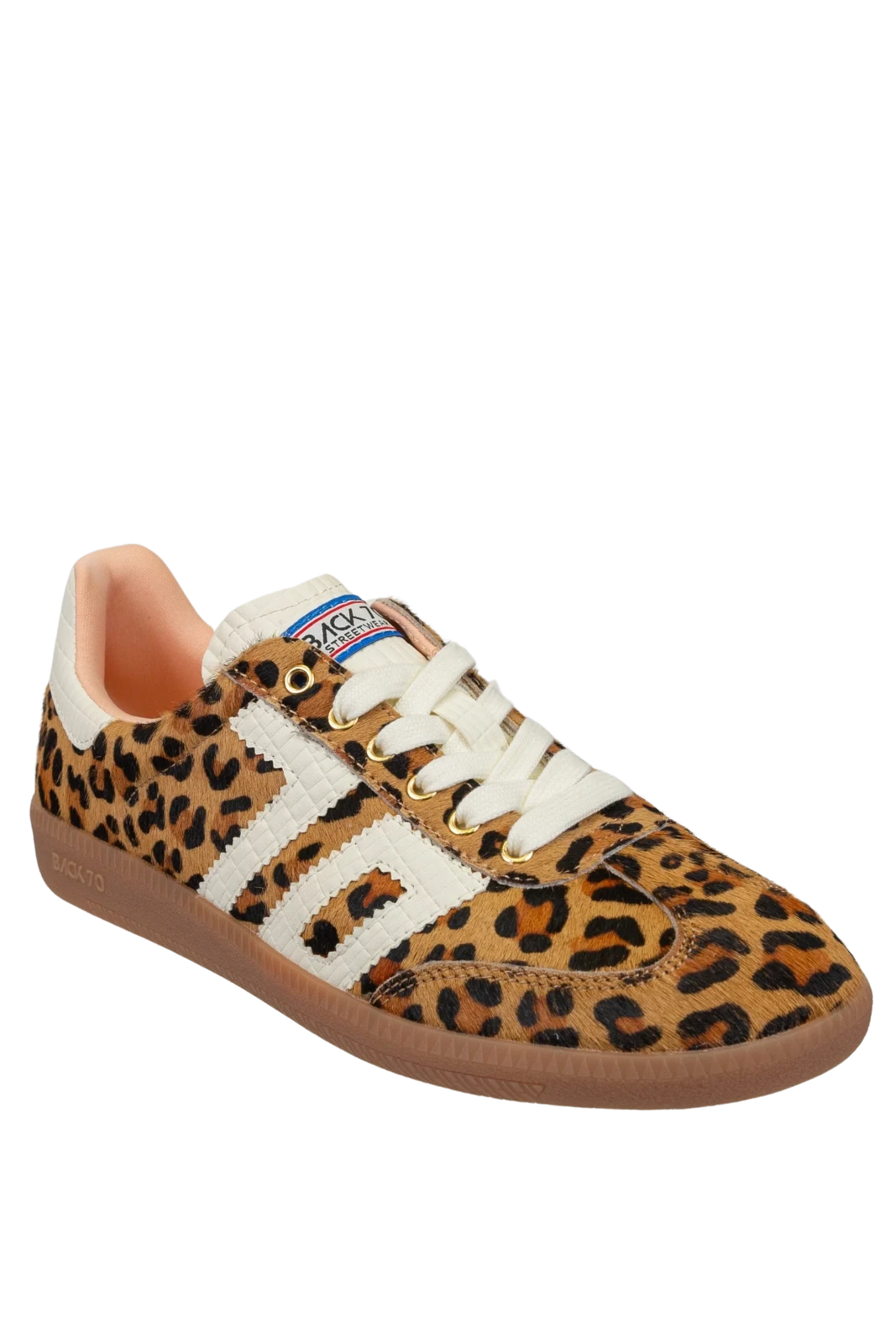 Leopard print sneaker with white laces on a white background