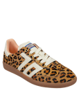 Leopard print sneaker with white laces on a white background