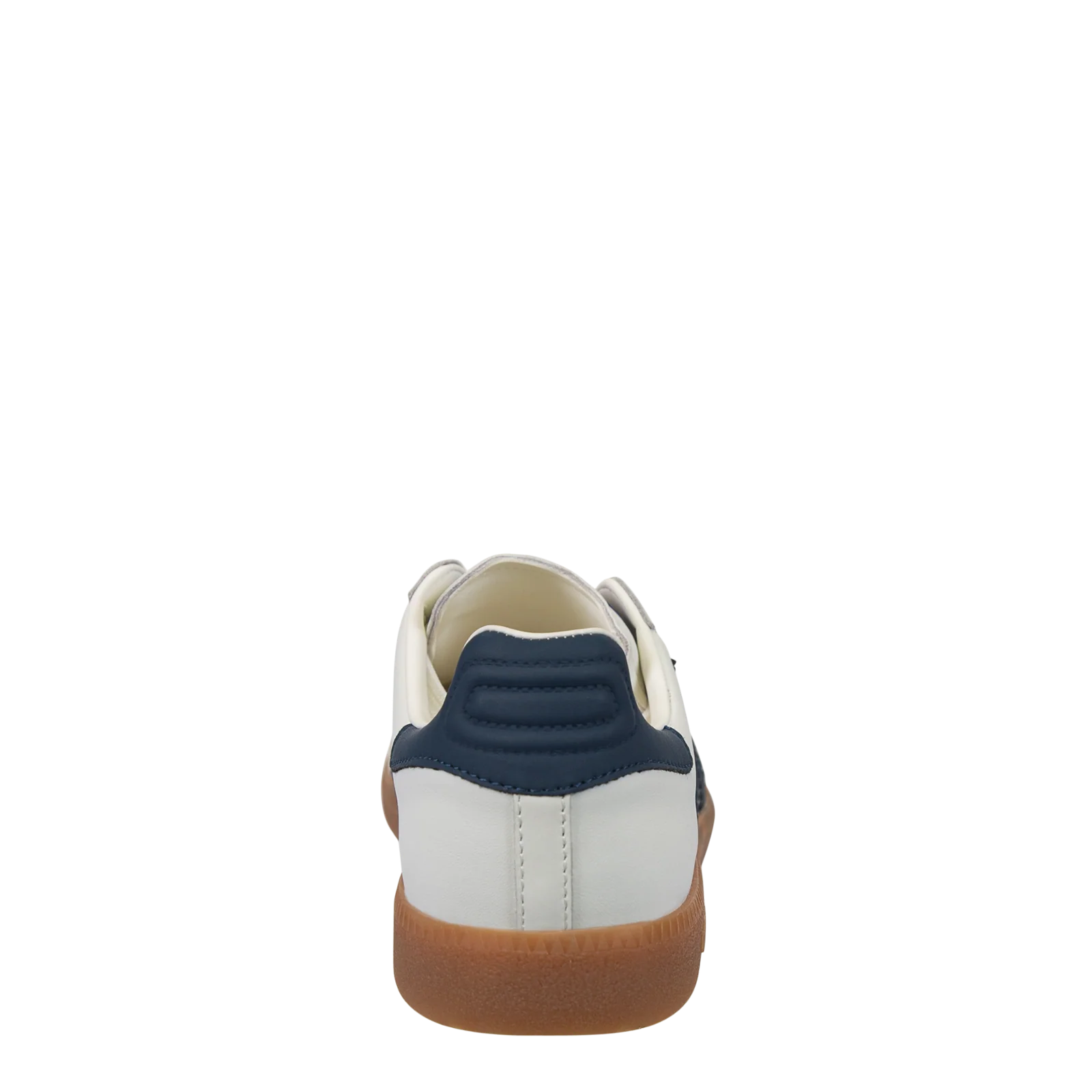 White sneaker with navy accents and brown sole on a white background