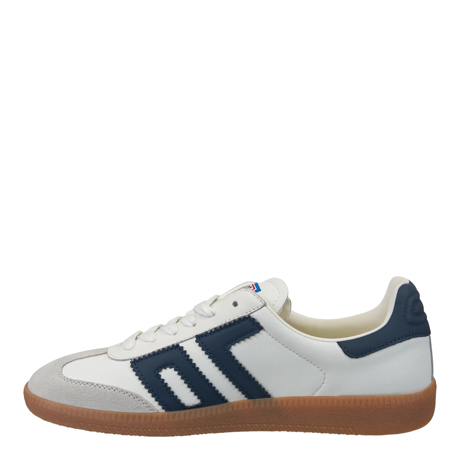 White sneaker with blue accents on a white background