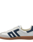 White sneaker with blue accents on a white background