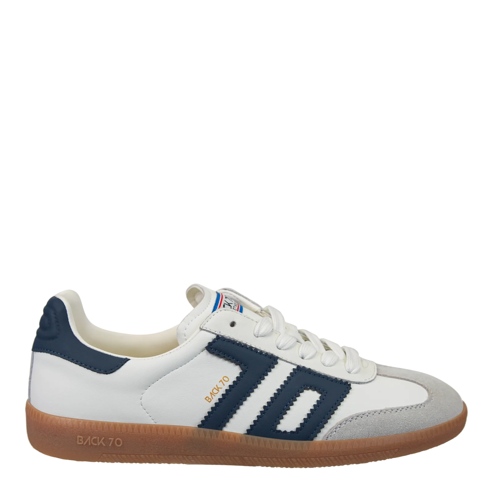 White sneaker with blue stripes on a white background