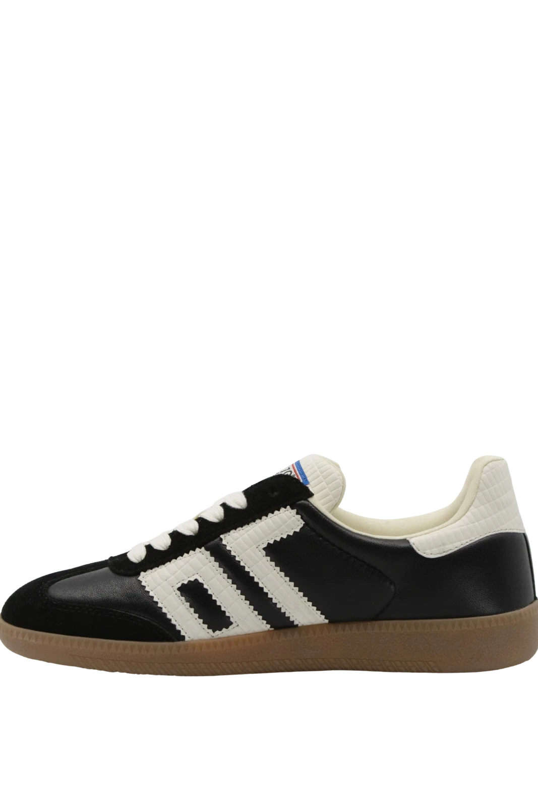 Black and white sneaker with a brown sole on a white background