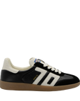 A low-top Adidas Samba sneaker in black and off-white leather with a gum sole, shown from a side profile on a white background.