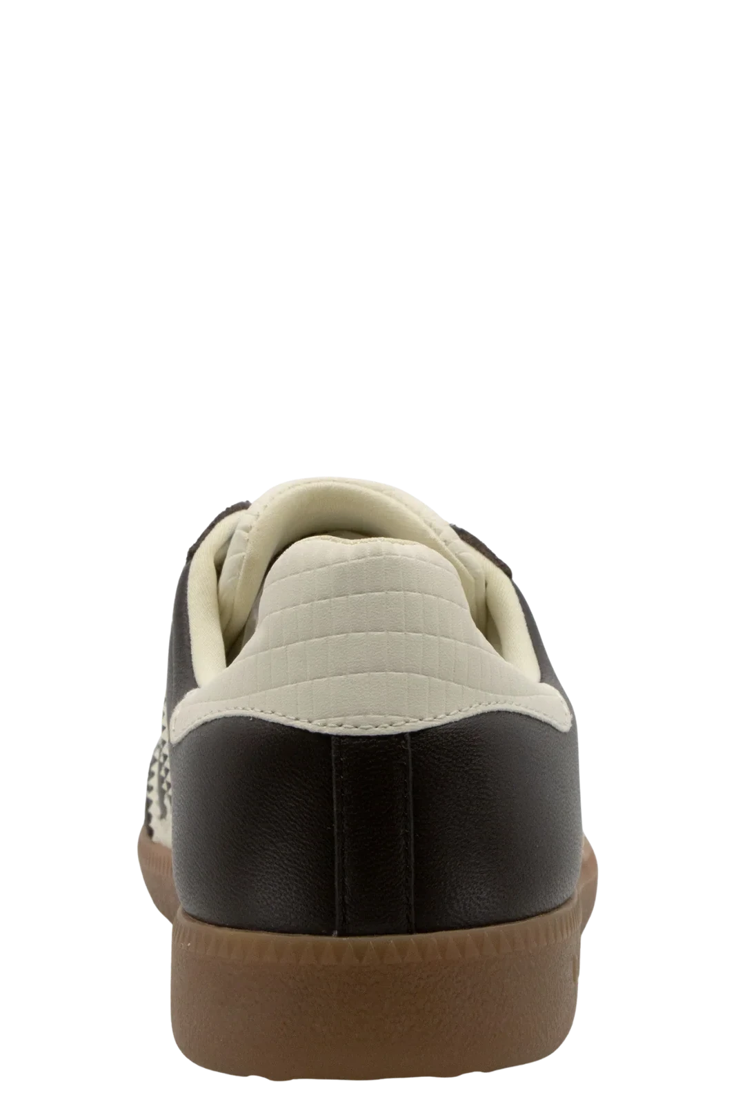 Sneaker with a black and beige design on a white background