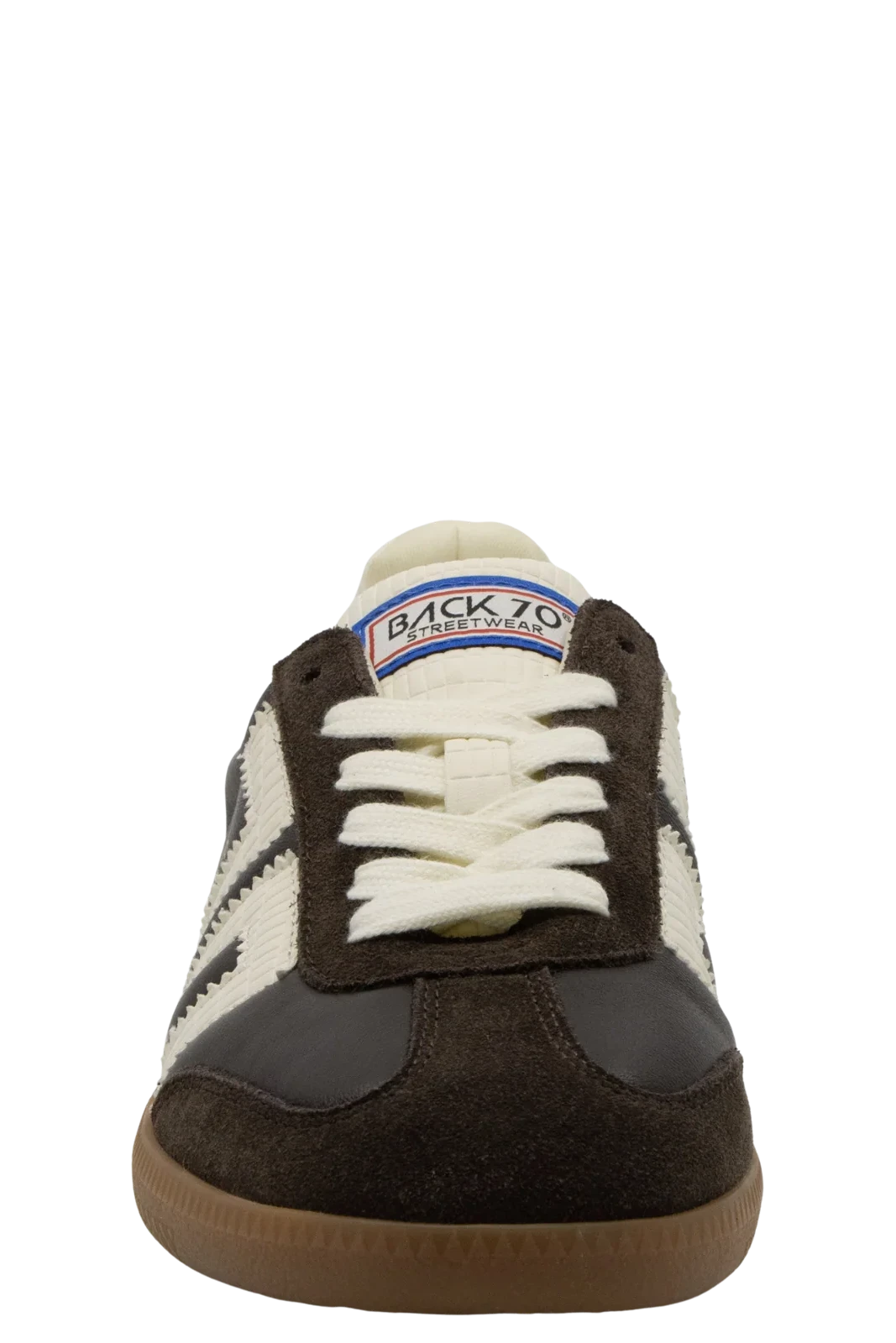 Brown and white sneaker with 'Back to' branding on a white background