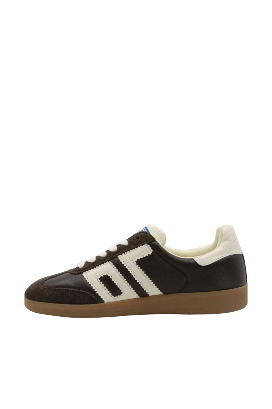 Black and white sneaker with a brown sole on a white background