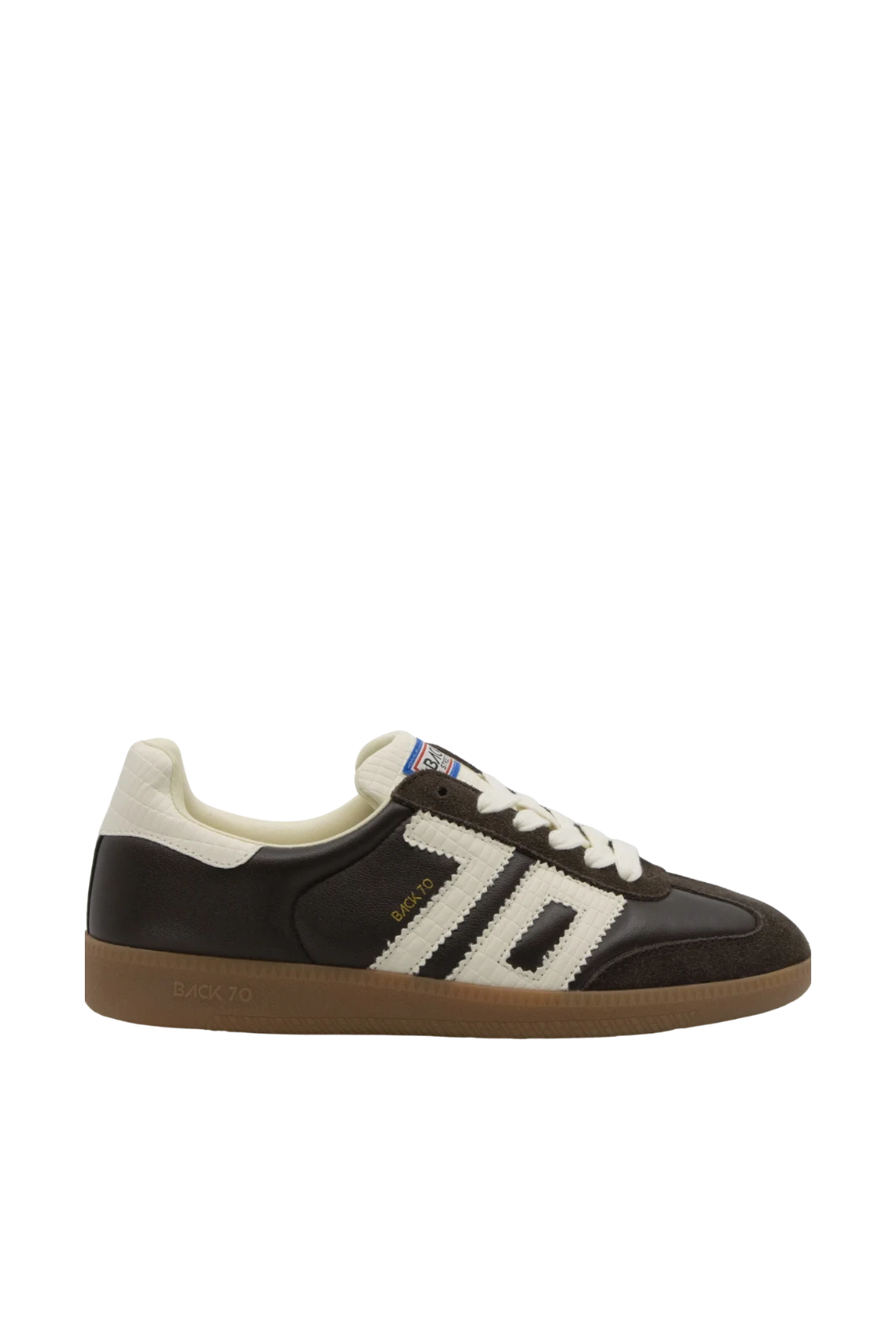 Brown and white sneaker with three stripes on a white background
