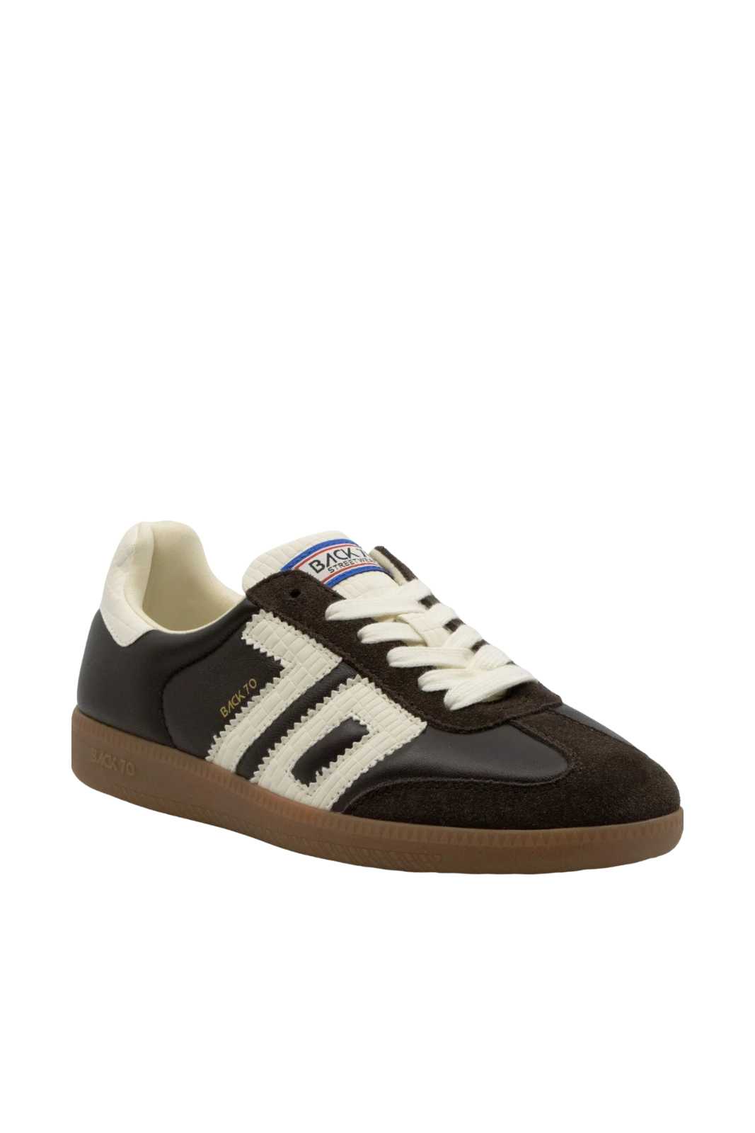 Brown and white sneaker with visible brand logo on a white background