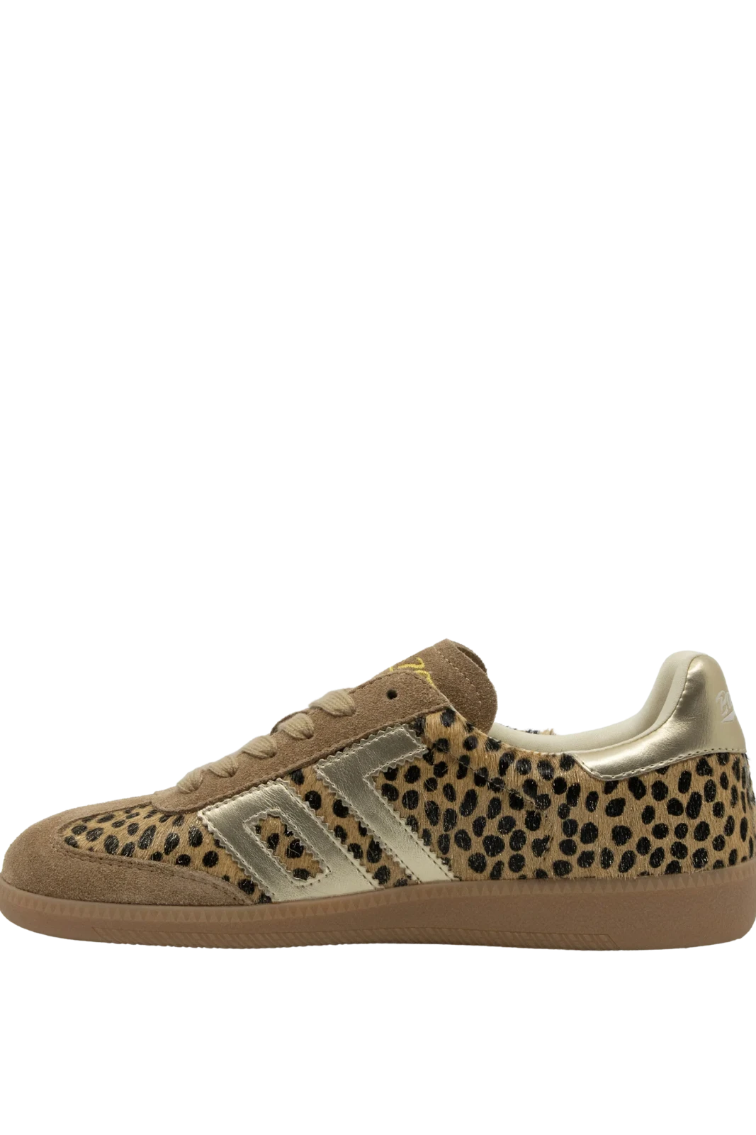 A low-top sneaker featuring a leopard print pattern on the side panels, tan suede overlays, a metallic gold side stripe, and a gum brown sole, shown against a plain white background.