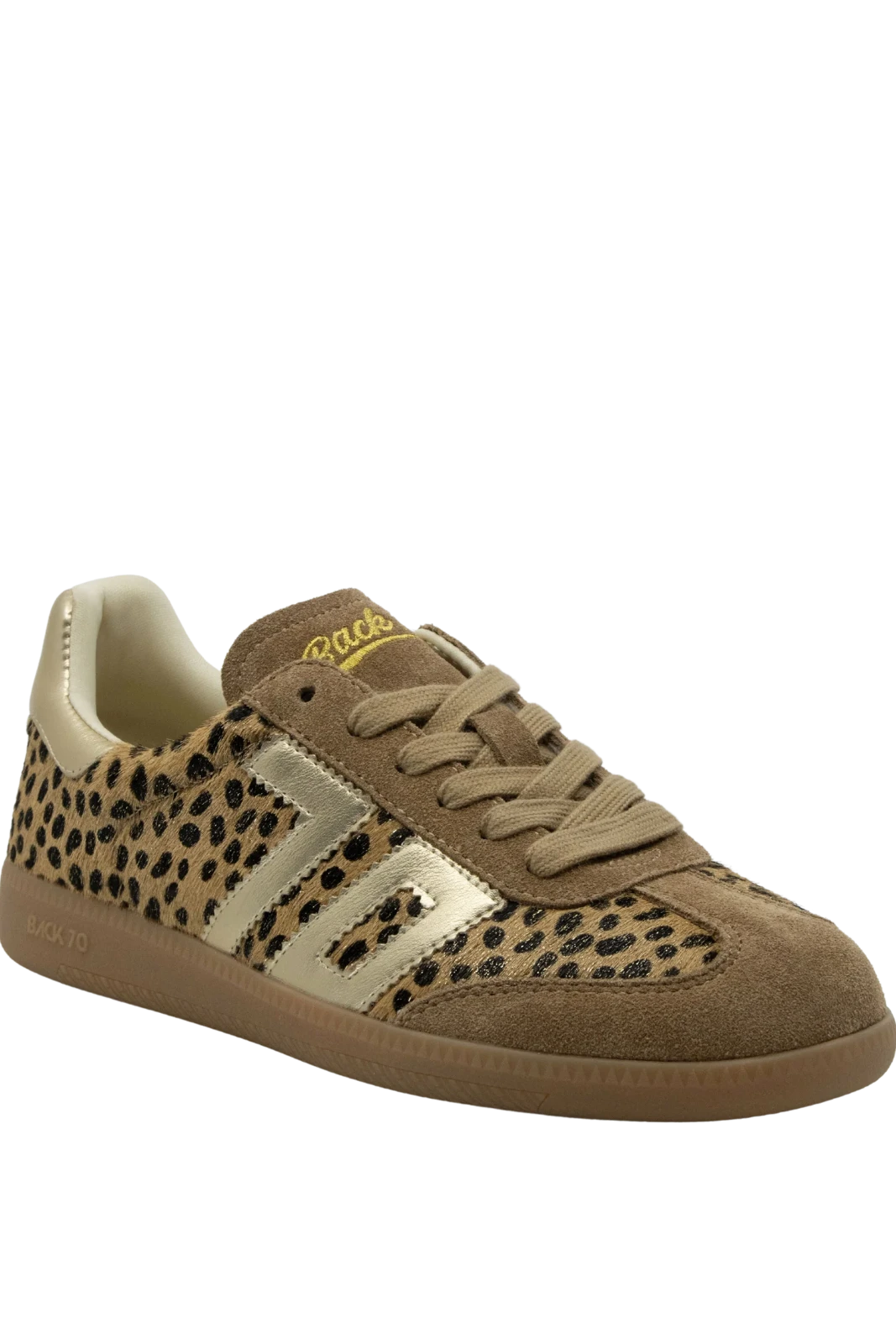 A low-top sneaker featuring a brown and black leopard print pattern on the toe box and side panels, combined with smooth brown suede overlays, beige laces, and metallic gold side stripes and tongue embroidery.