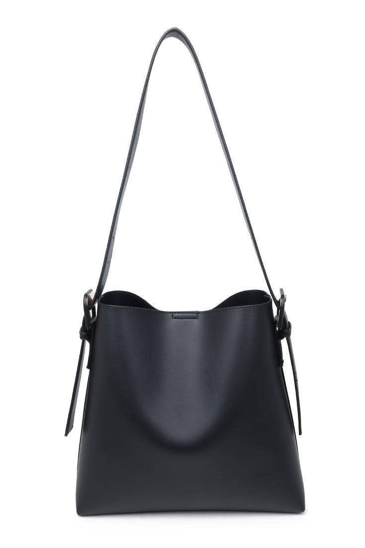 Black handbag with a shoulder strap on a white background