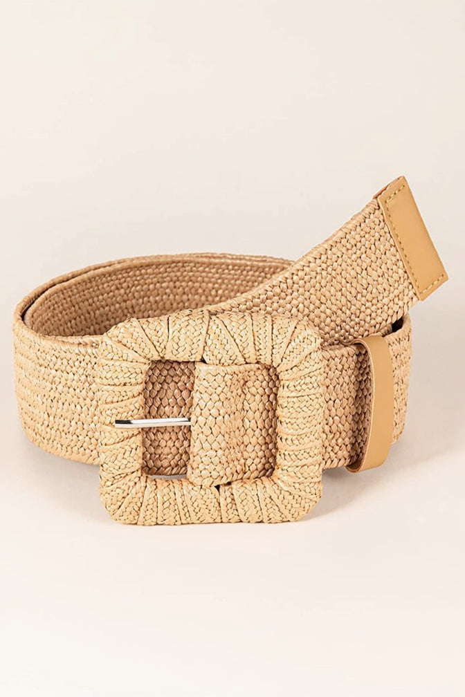 Beige woven belt with a square buckle on a beige background