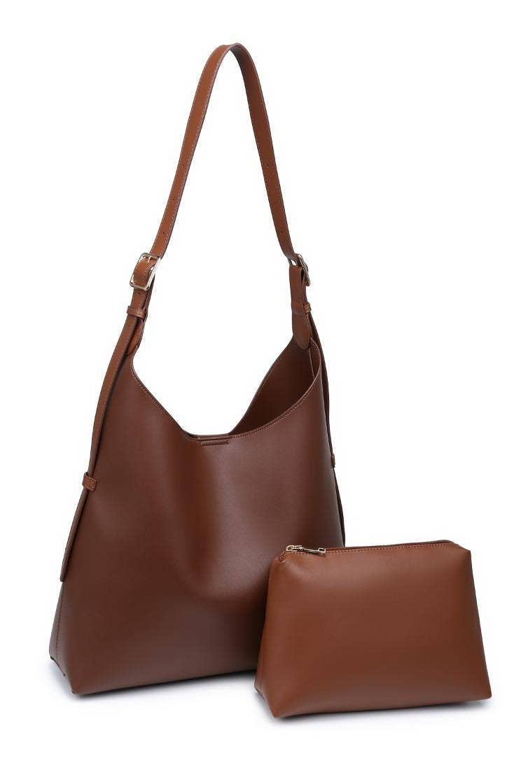 Brown leather handbag with matching pouch on a white background