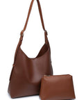 Brown leather handbag with matching pouch on a white background
