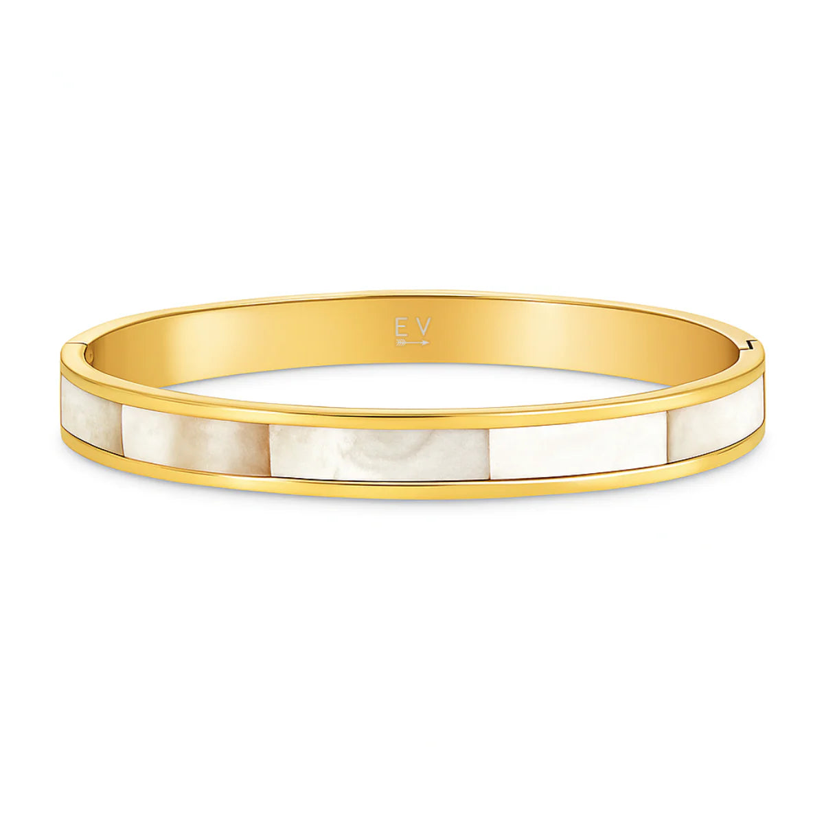 Gold bracelet with white stone inlay on a white background