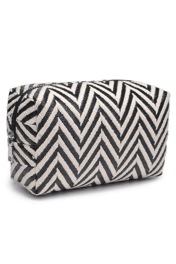 Cosmetic bag with black and white zigzag pattern on a white background