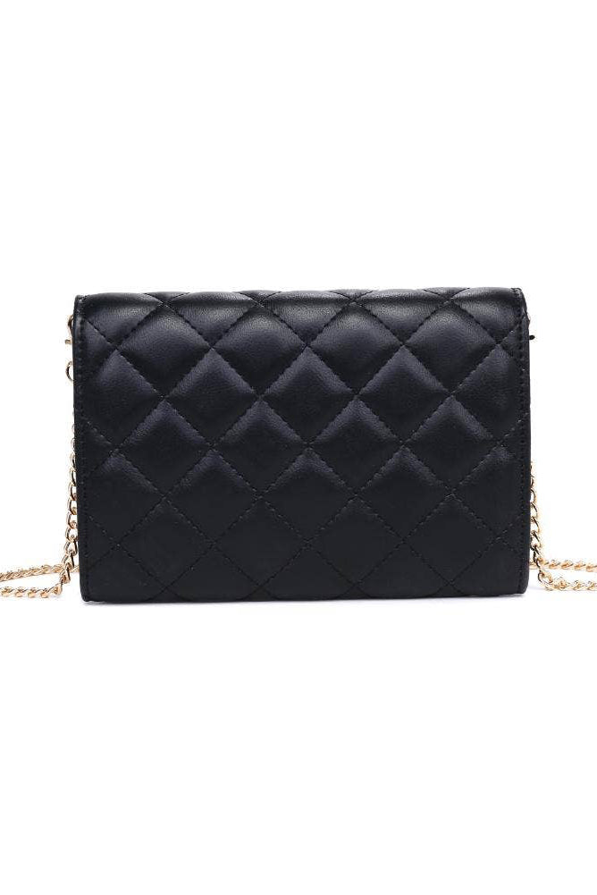 Black quilted handbag with a gold chain on a white background