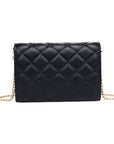 Black quilted handbag with a gold chain on a white background