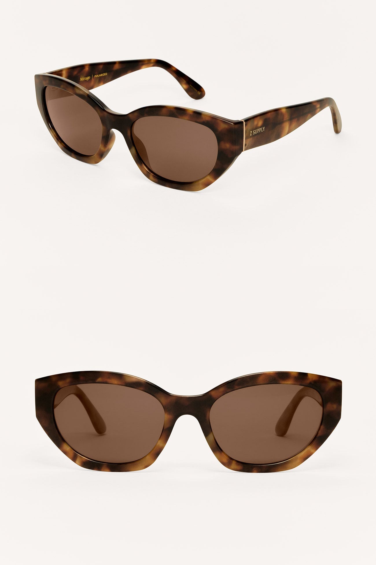 Tortoiseshell sunglasses with brown lenses on a white background
