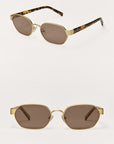 Two pairs of sunglasses with gold frames and brown lenses on a white background.