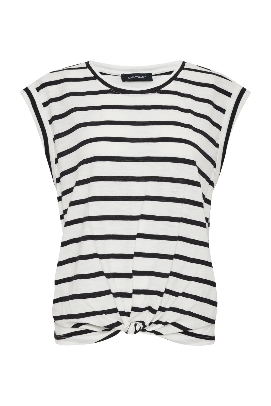 Black and white striped sleeveless top on a white background