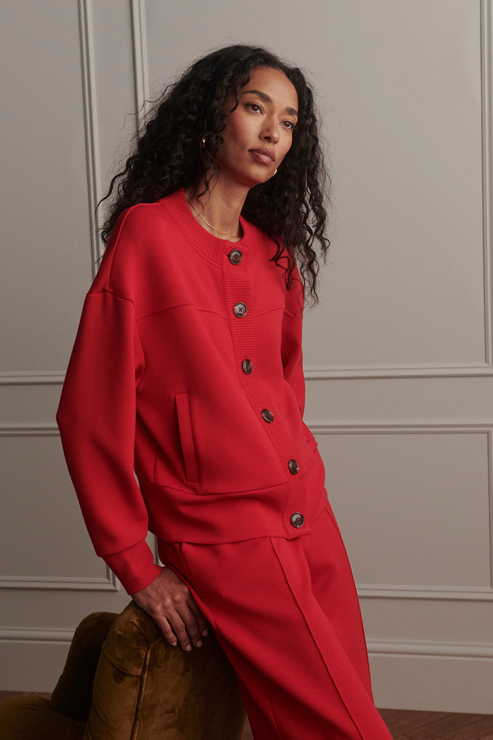 Olwen Button Front Sweater - Red Marl