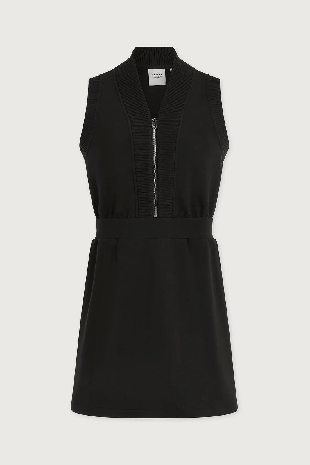 Black sleeveless dress with a zipper on a white background