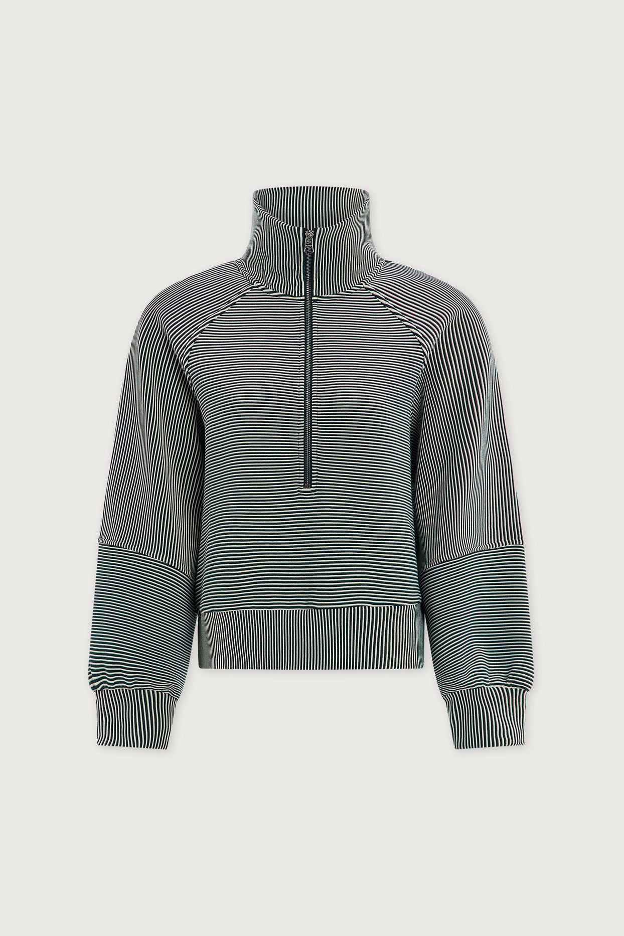 Striped sweater with a quarter zip on a light gray background