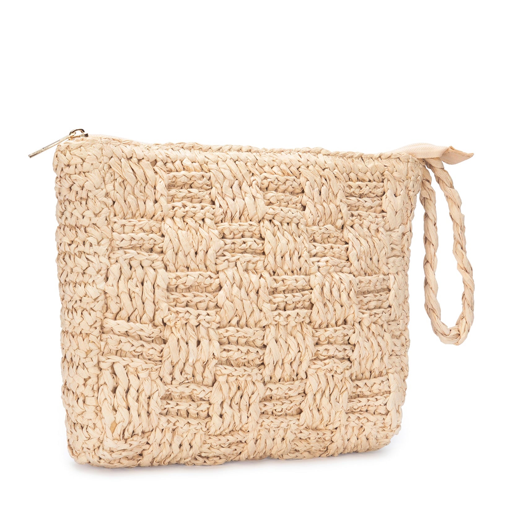 Woven beige clutch bag on a white background