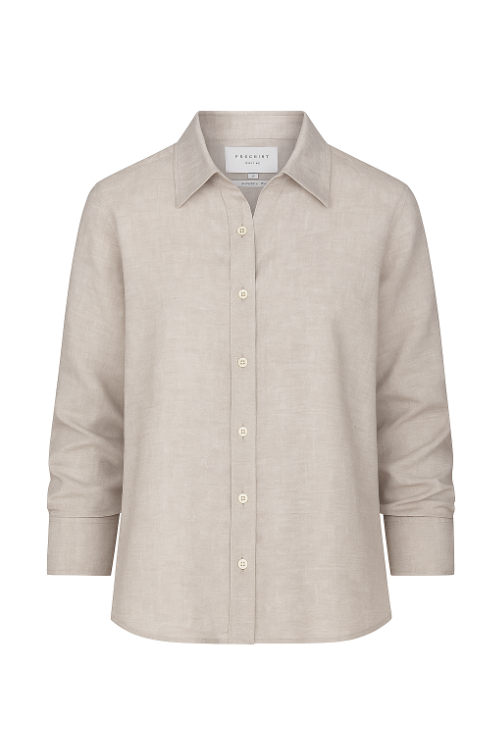 Beige button-up shirt on a white background